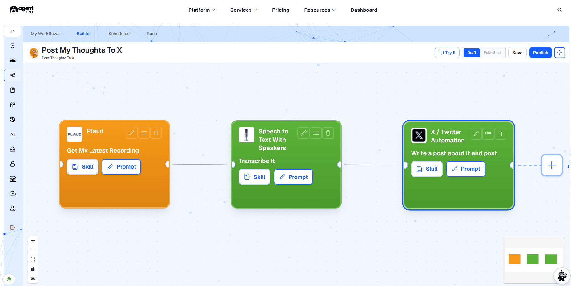 AgentPMT workflow builder canvas showing connected agent and tool nodes