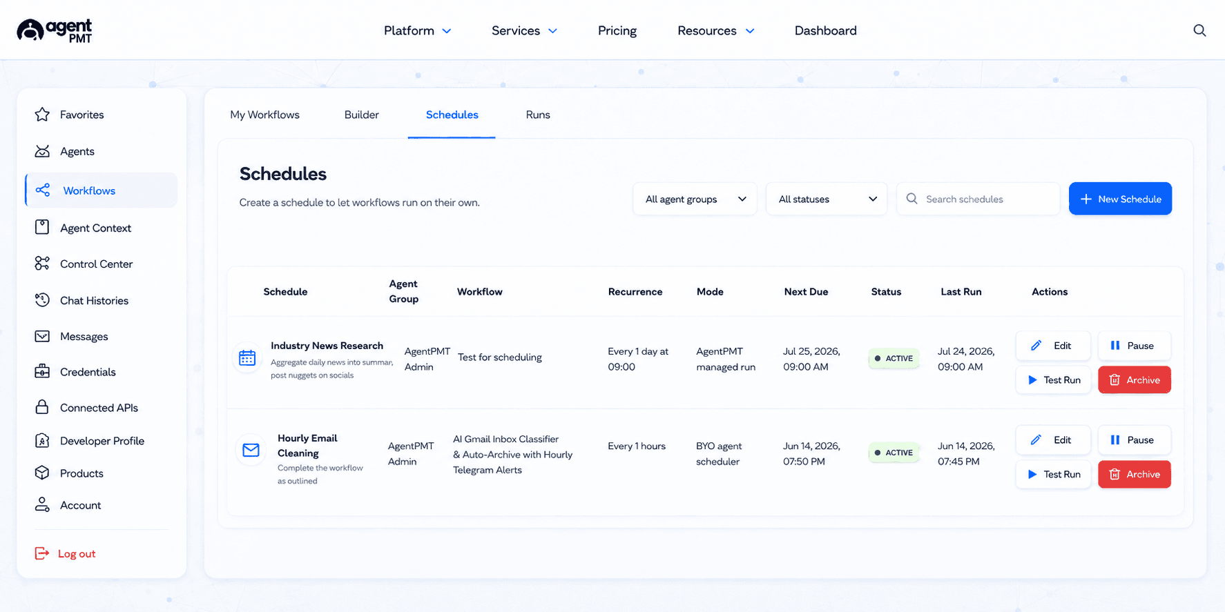 AgentPMT dashboard workflow scheduler showing scheduled automation runs