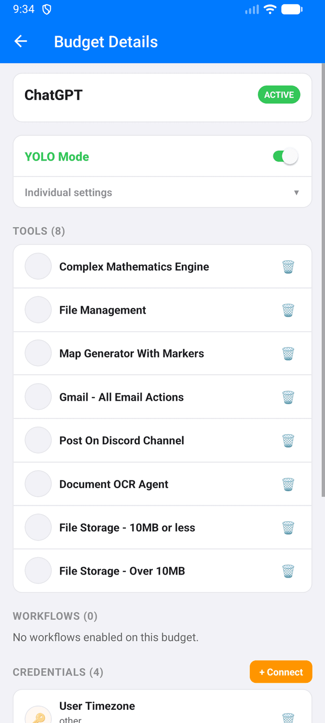Mobile app budget detail screen showing authorized tools and YOLO mode toggle