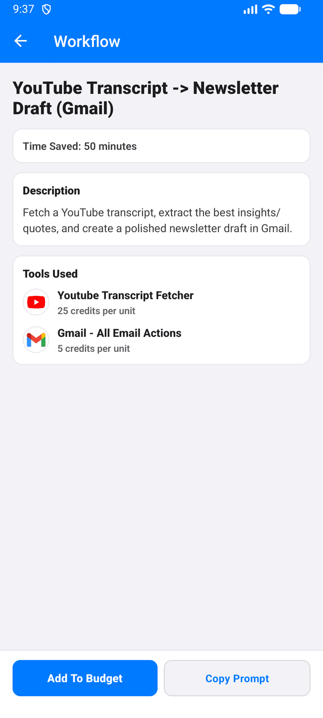Workflow Detail - See tool details, pricing, and add to budgets