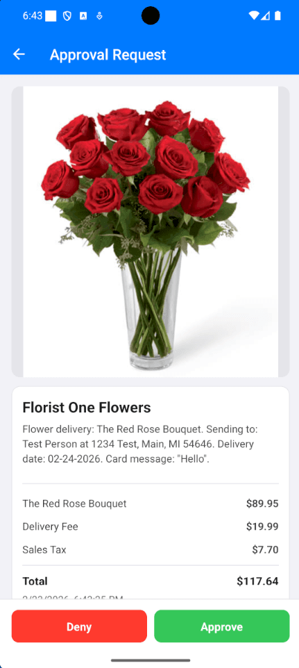 Mobile app approval screen showing a purchase request with Approve and Deny buttons