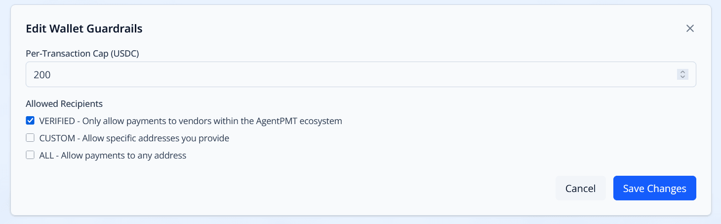 Wallet guardrails settings showing per-transaction cap and allowed recipient controls