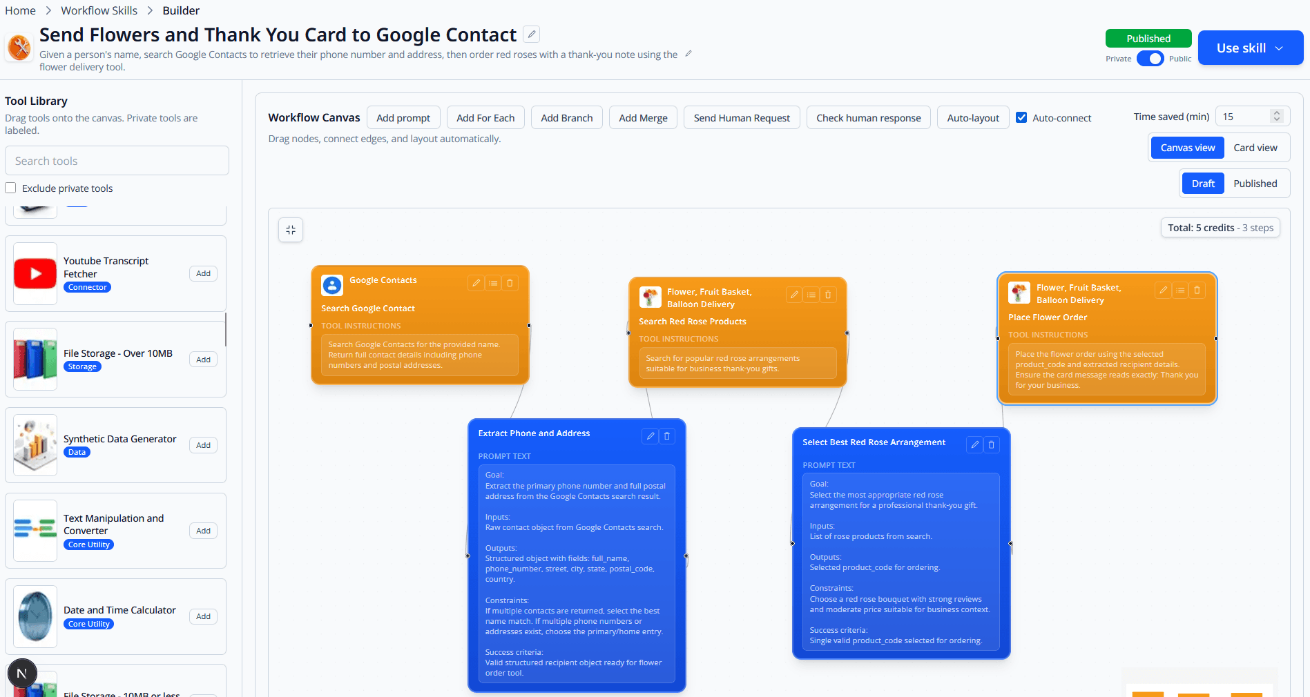Workflow builder canvas showing a multi-step automation with connected tool nodes