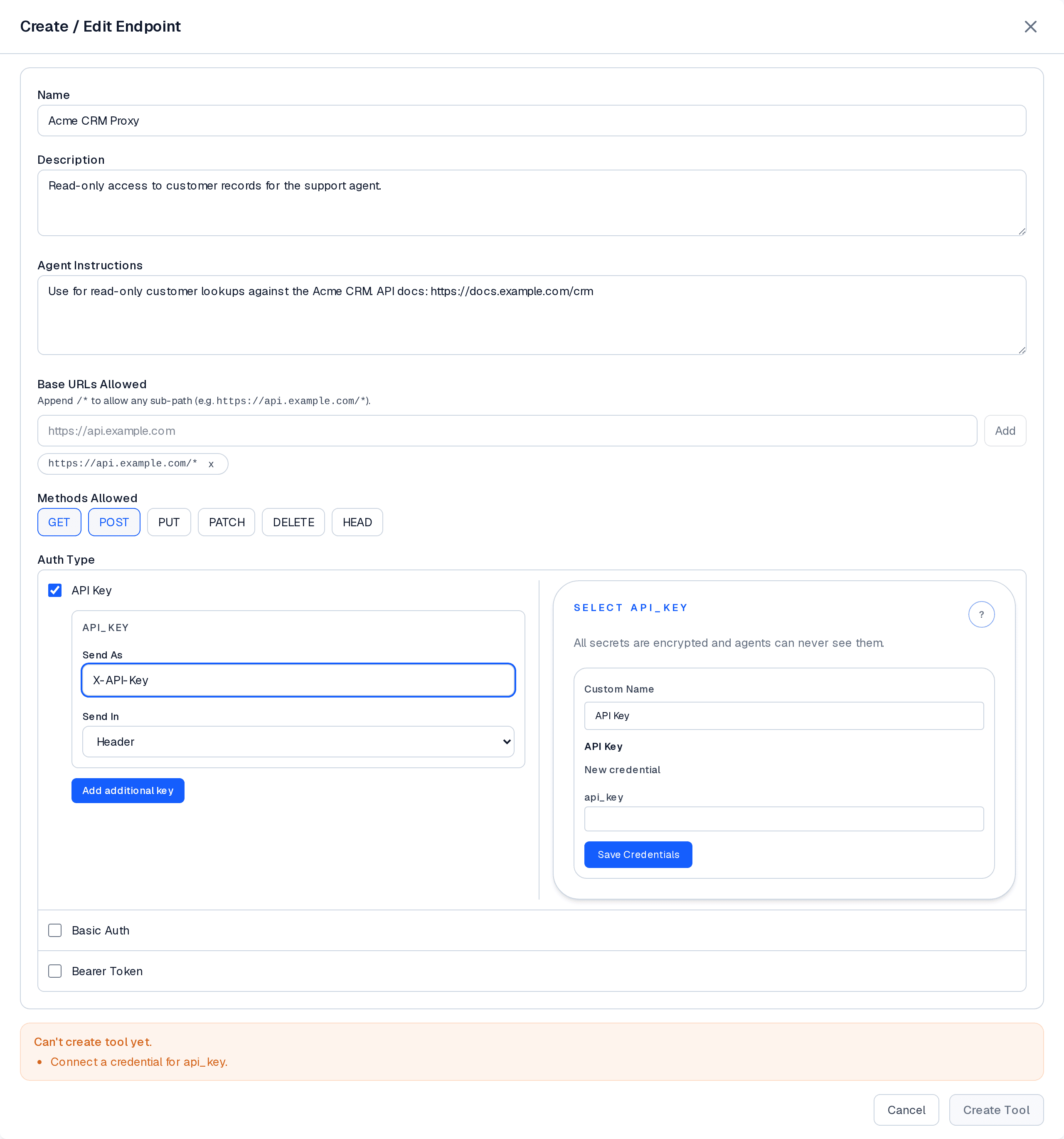 Endpoint builder step two showing API Key auth type selected with Send As set to X-API-Key and a credential picker panel on the right.