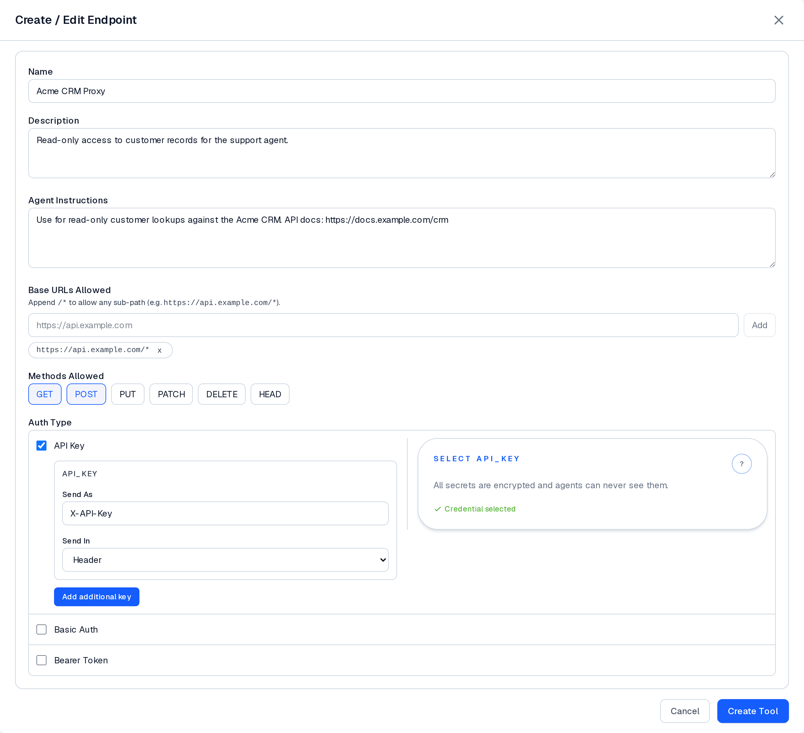 Endpoint builder step three showing the API Key credential panel with a Credential selected confirmation.