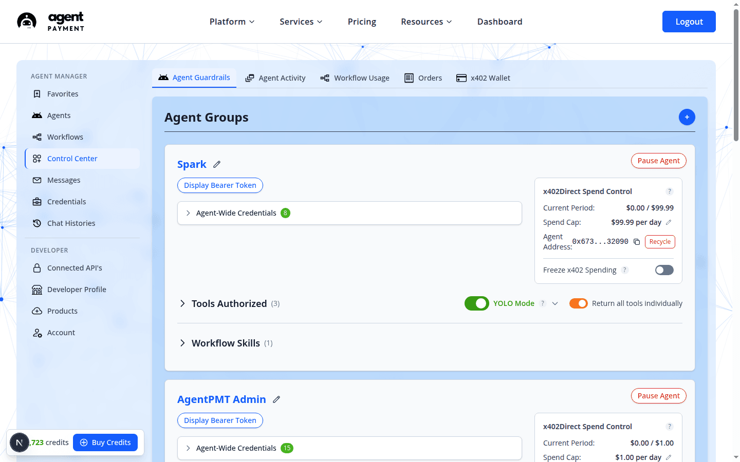 Control Center Agent Groups showing per-agent pause, spend caps, tool allowlists, and agent-wide credential counts.