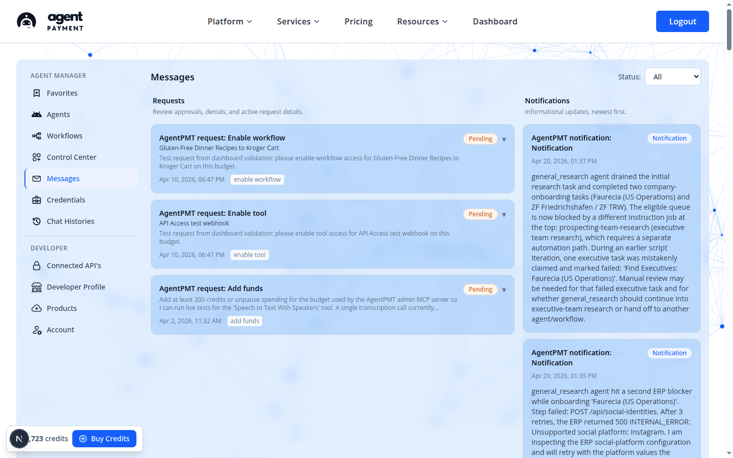 Messages tab showing pending agent approval requests and notifications in a single inbox.