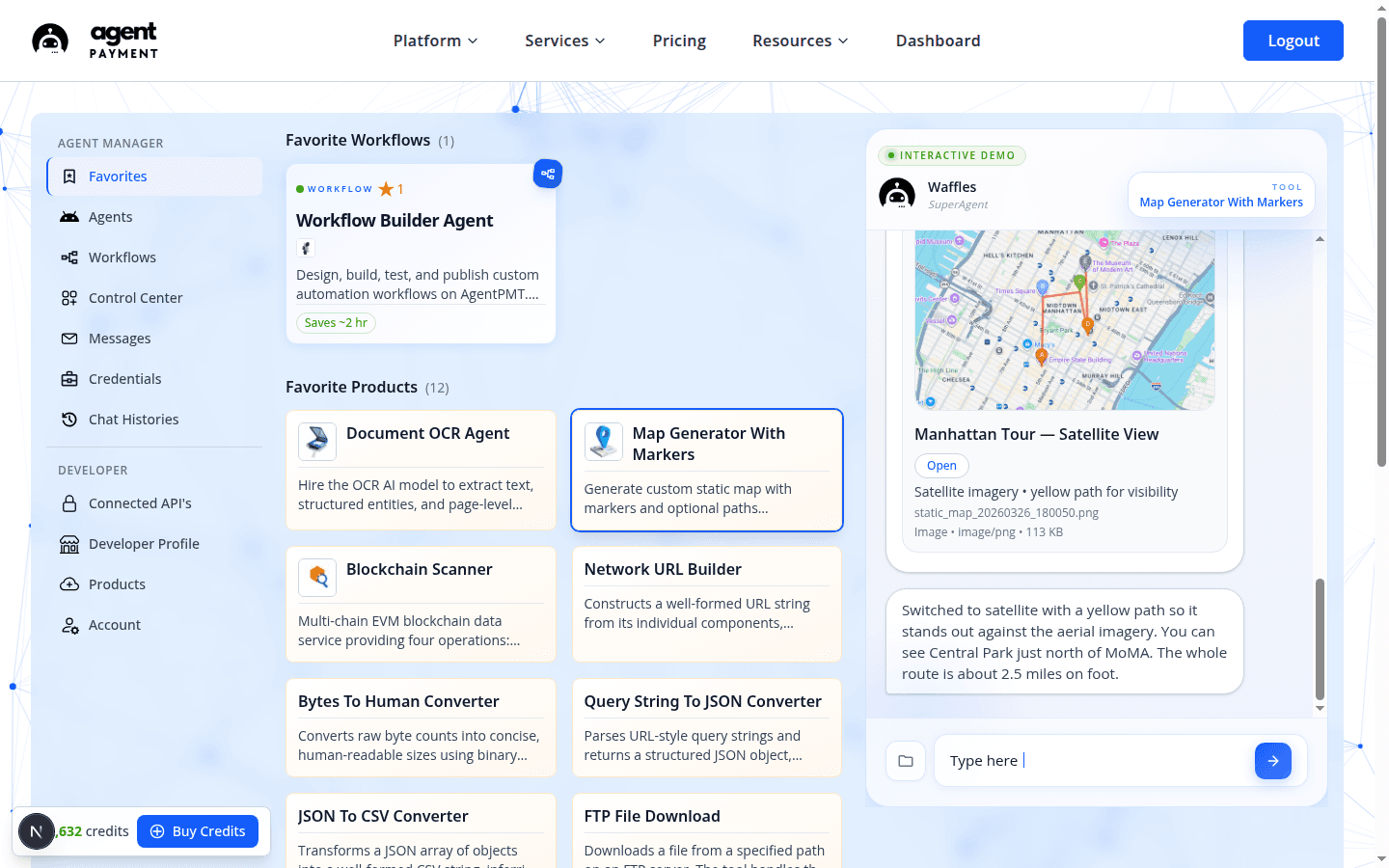AgentPMT Favorites tab with the Map Generator With Markers product selected. The scoped chat on the right shows Waffles delivering a satellite-view map of a Manhattan walking tour with colored markers, a route path, and a follow-up summary from the agent.