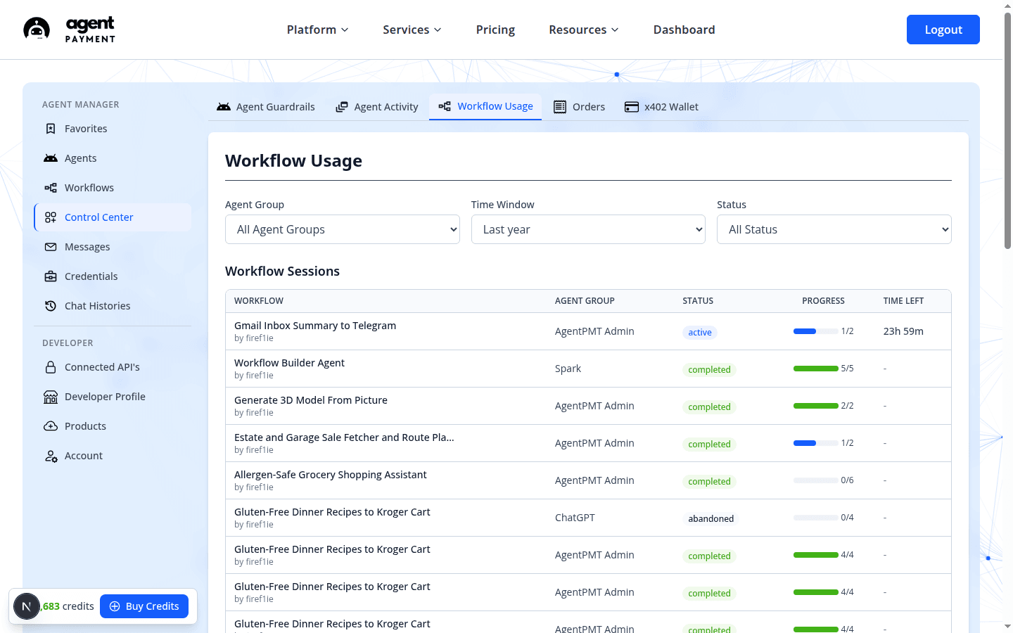 Control Center Workflow Usage sub-tab listing 8 real workflow sessions with agent group, status, progress, and time-left columns, filtered by agent group, time window, and status.