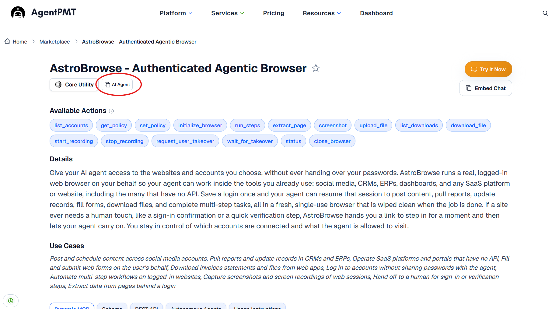 AstroBrowse tool page showing the AI Agent option and Copy prompt for LLM button for giving an agent specific tool details