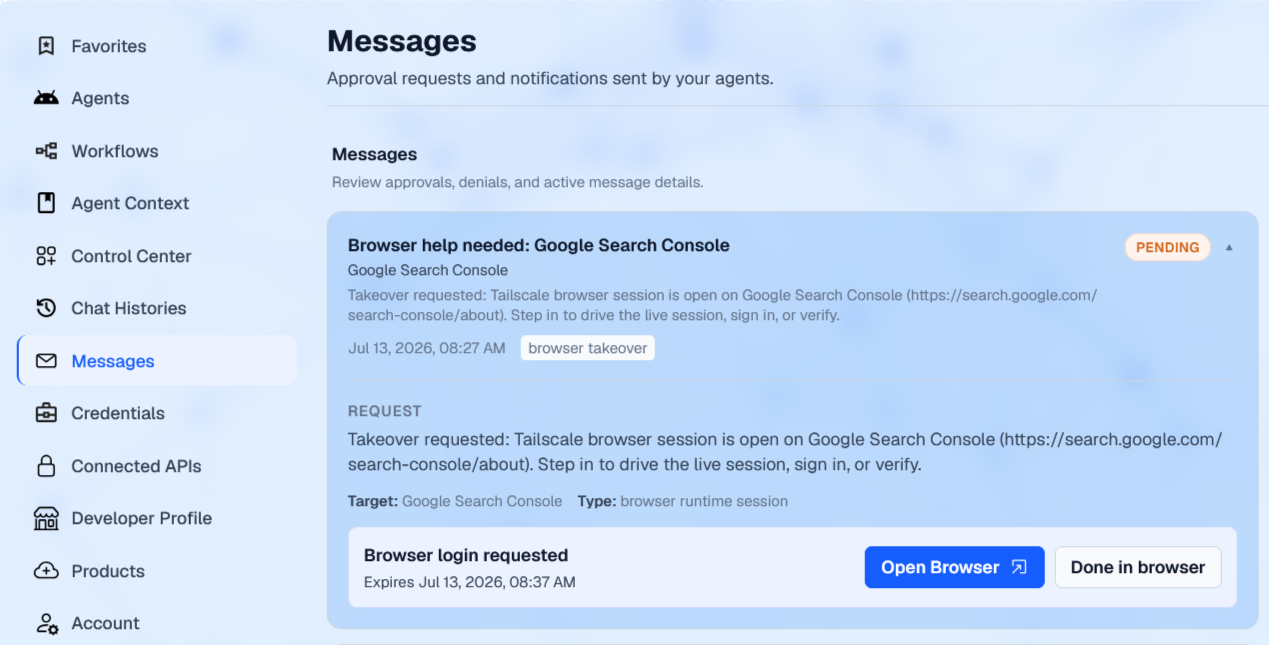 AstroBrowse browser takeover request showing the agent asking a human to complete a step it cannot handle, with a link the person can use to take over
