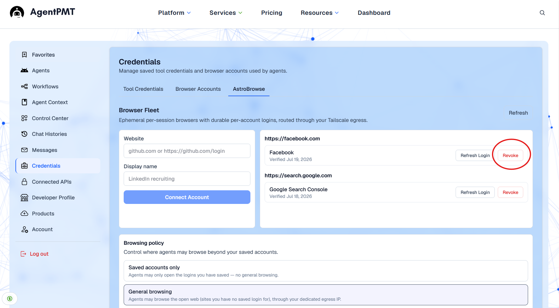 AstroBrowse dashboard showing how to permanently revoke a website and destroy its saved session