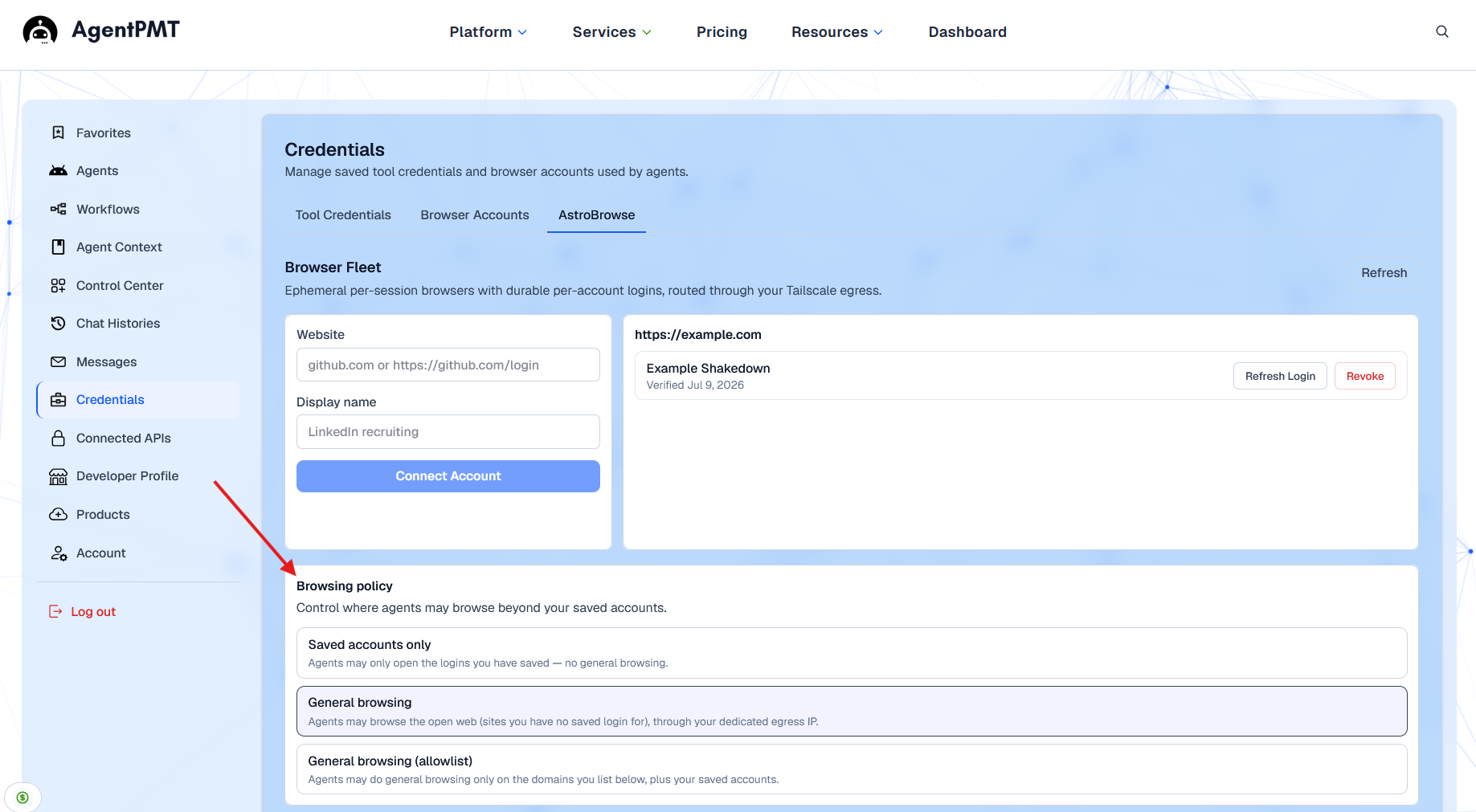 AstroBrowse browsing policy settings showing options to restrict the agent to saved accounts, an allow list of websites, or open browsing