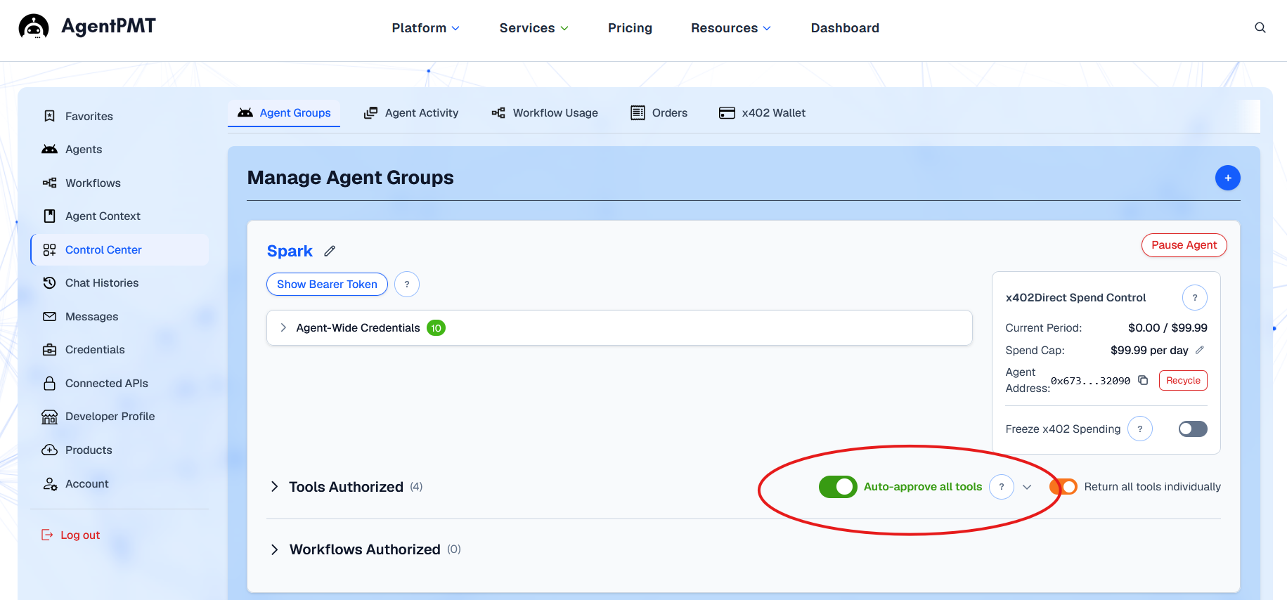 AgentPMT Agent Group settings showing the Auto Approve All Tools option enabled