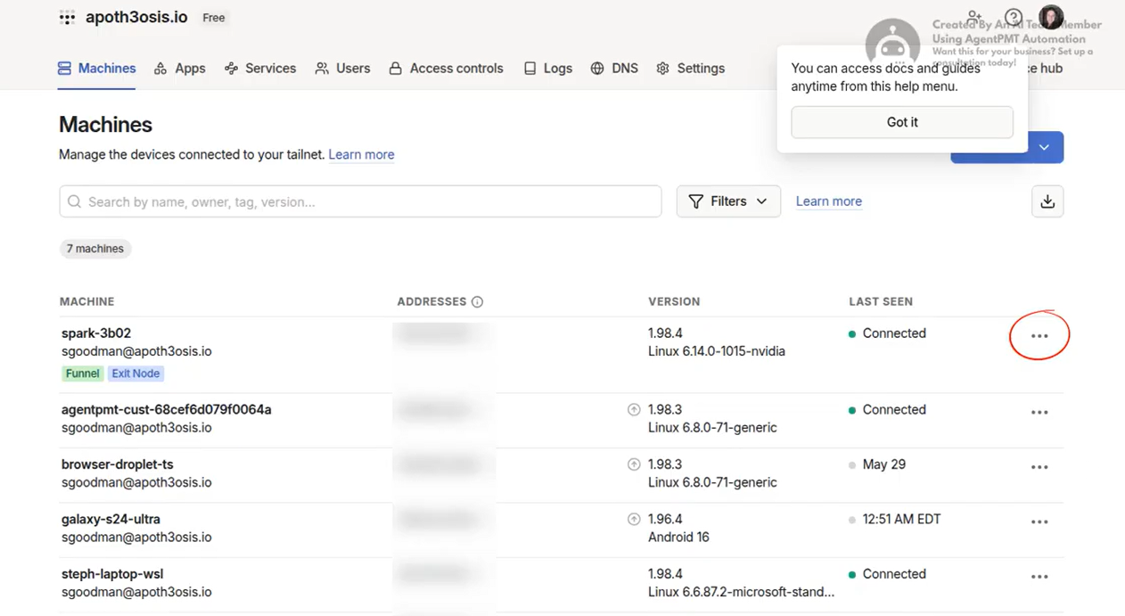 Tailscale admin console Machines page showing the list of devices to choose an exit machine from