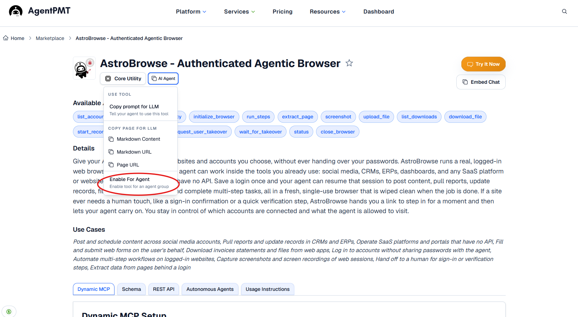 AstroBrowse product page showing the AI Agent option and Enable For Agent button