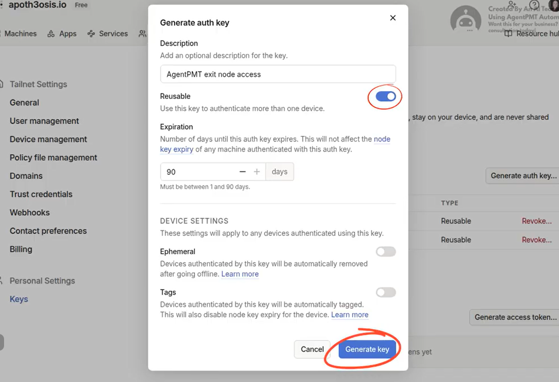 Tailscale auth key generation dialog with the Reusable and Pre-approved options enabled