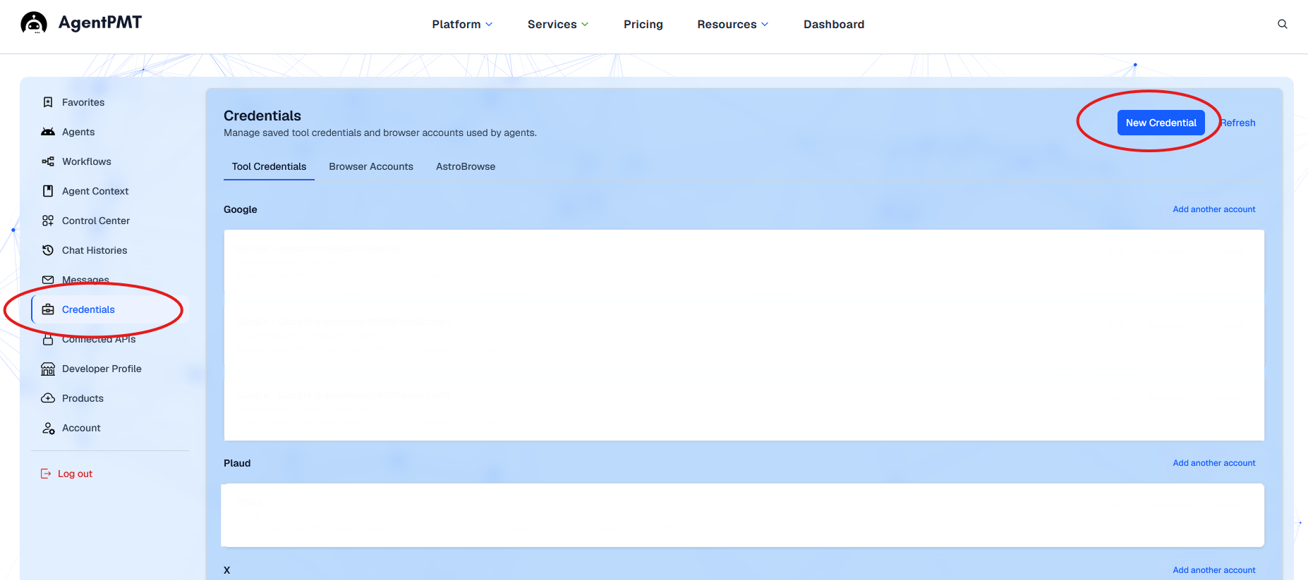 AgentPMT dashboard showing the Credentials tab where credential records are created and managed