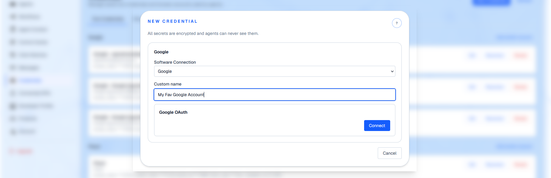 AgentPMT credential type picker showing the available credential types to choose from