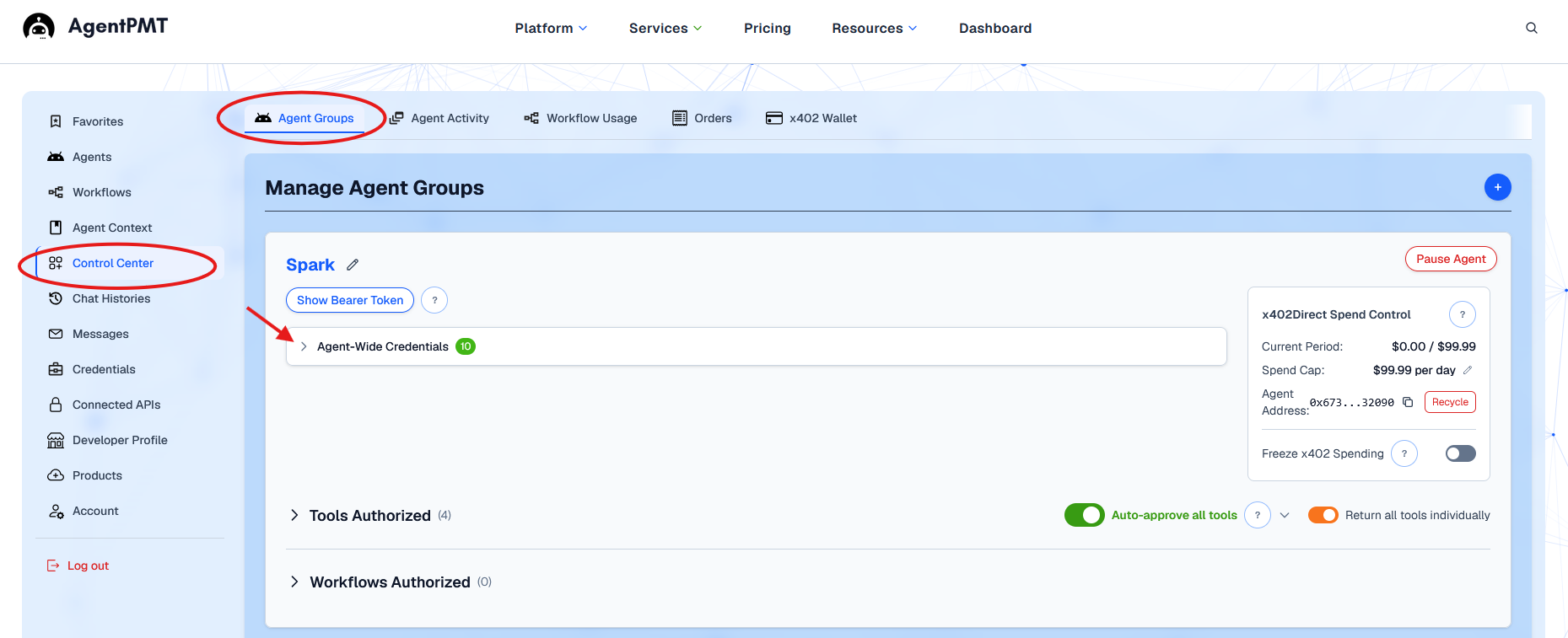 AgentPMT Agent Group settings showing where to connect a credential to the group