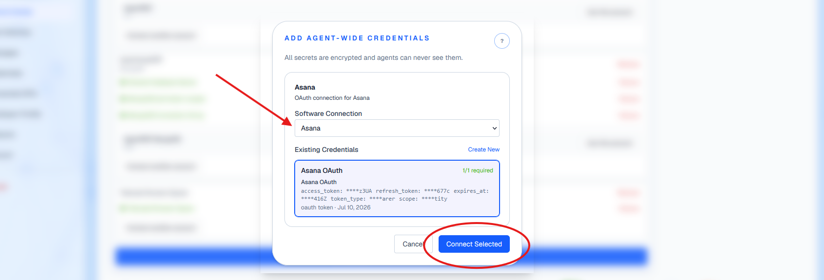 AgentPMT credential picker showing a credential being chosen and connected to an Agent Group