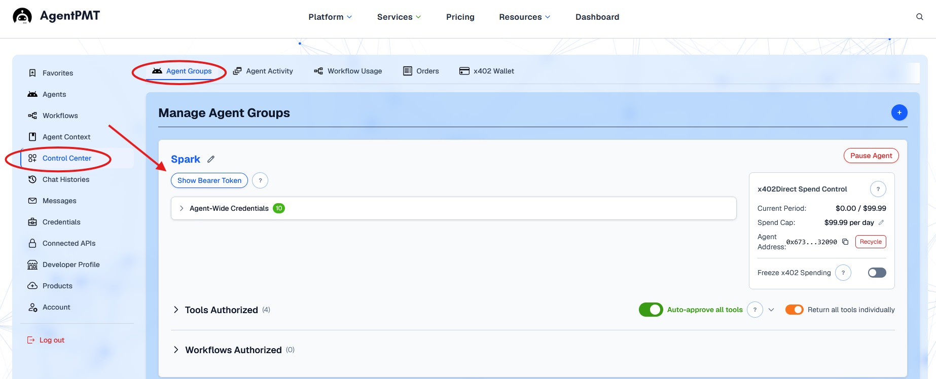 AgentPMT Agent Group settings showing the Show Bearer Token action used to reveal the token for an MCP or REST client