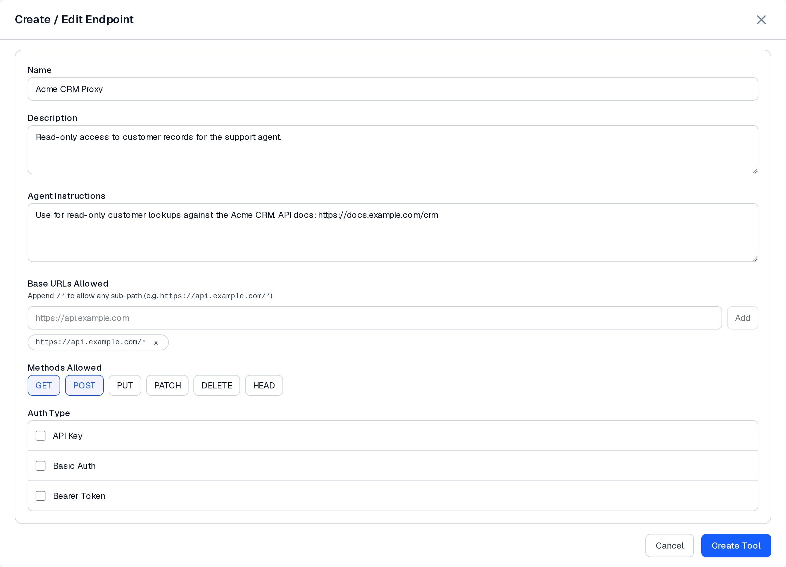 Connected API builder endpoint step with fields for name, description, agent instructions, base URLs, and HTTP method allowlist.