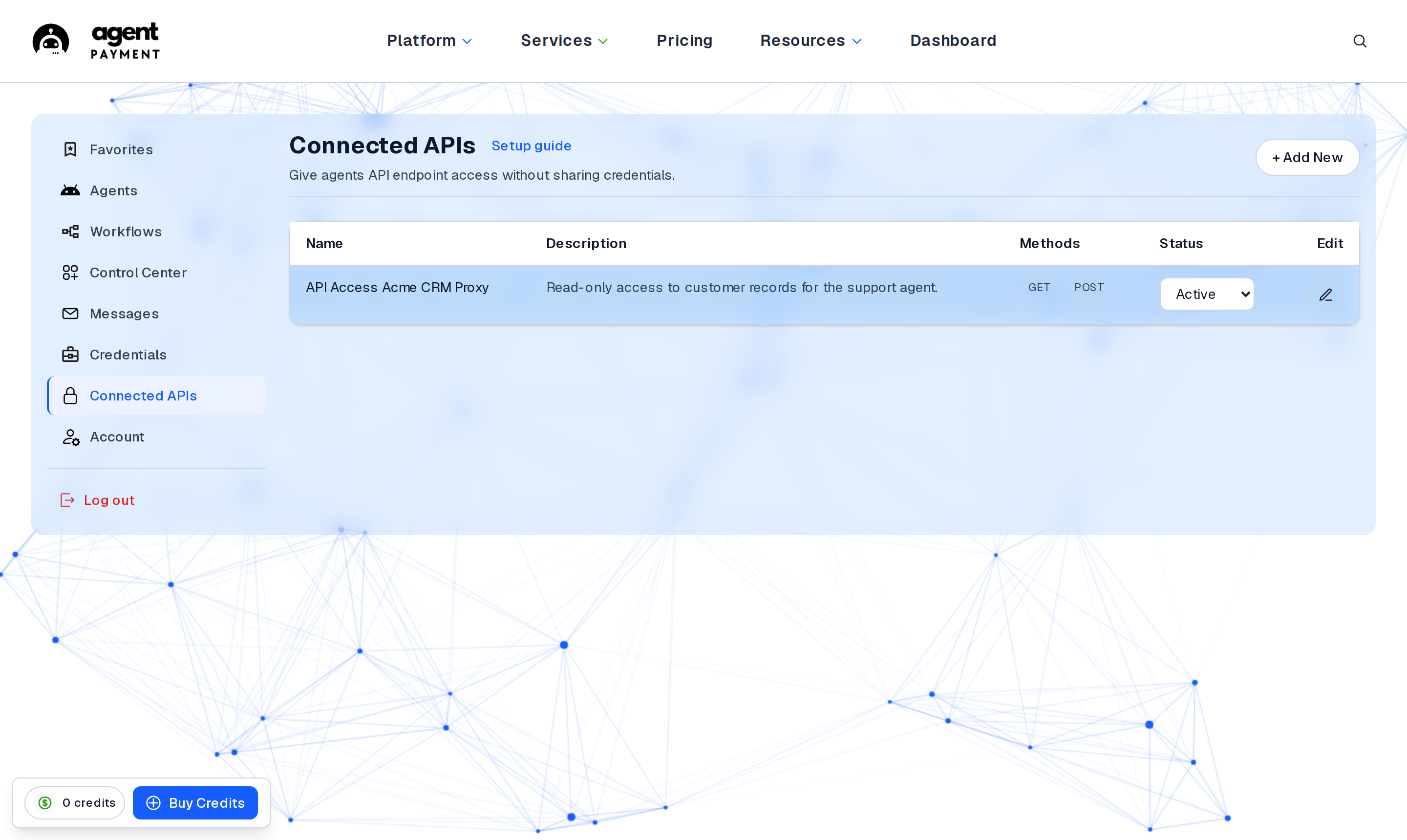 Connected APIs dashboard list showing an active API Access tool with allowed methods and edit controls.