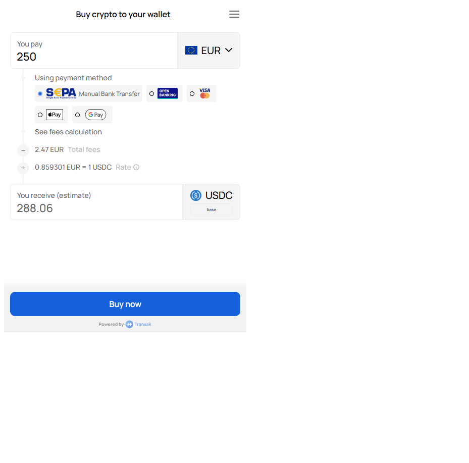 Buy flow inside the AgentPMT crypto on-off-ramp widget
