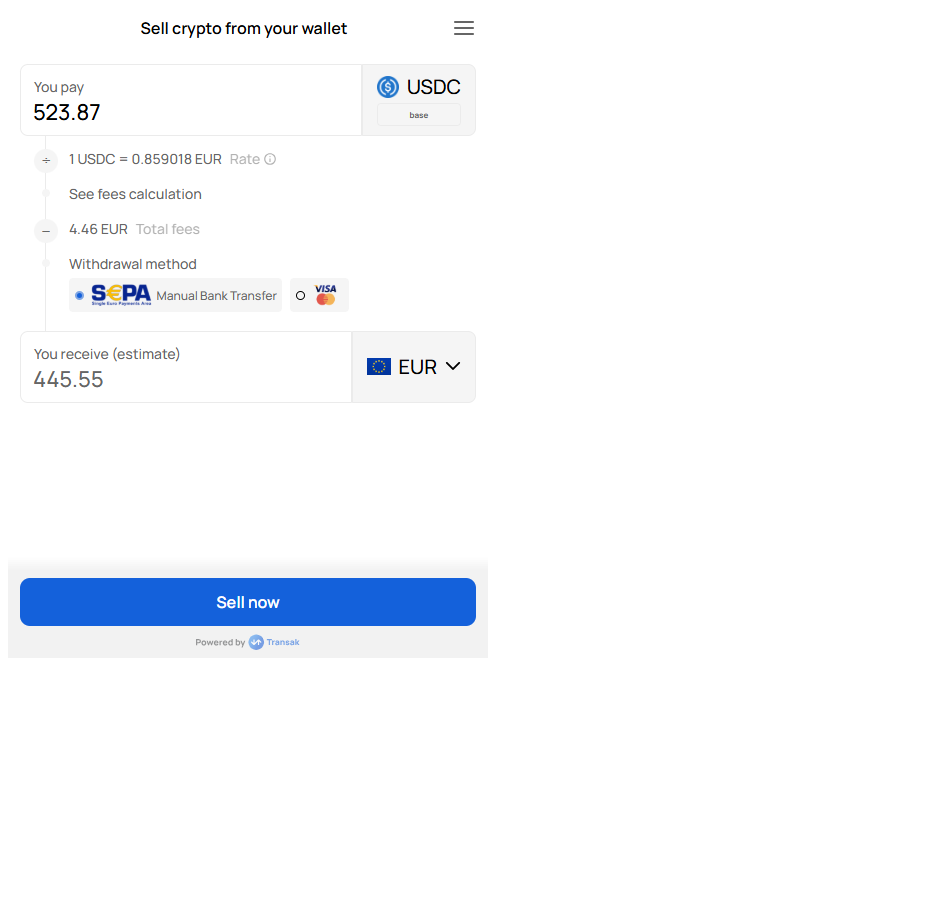 Sell flow inside the AgentPMT crypto on-off-ramp widget